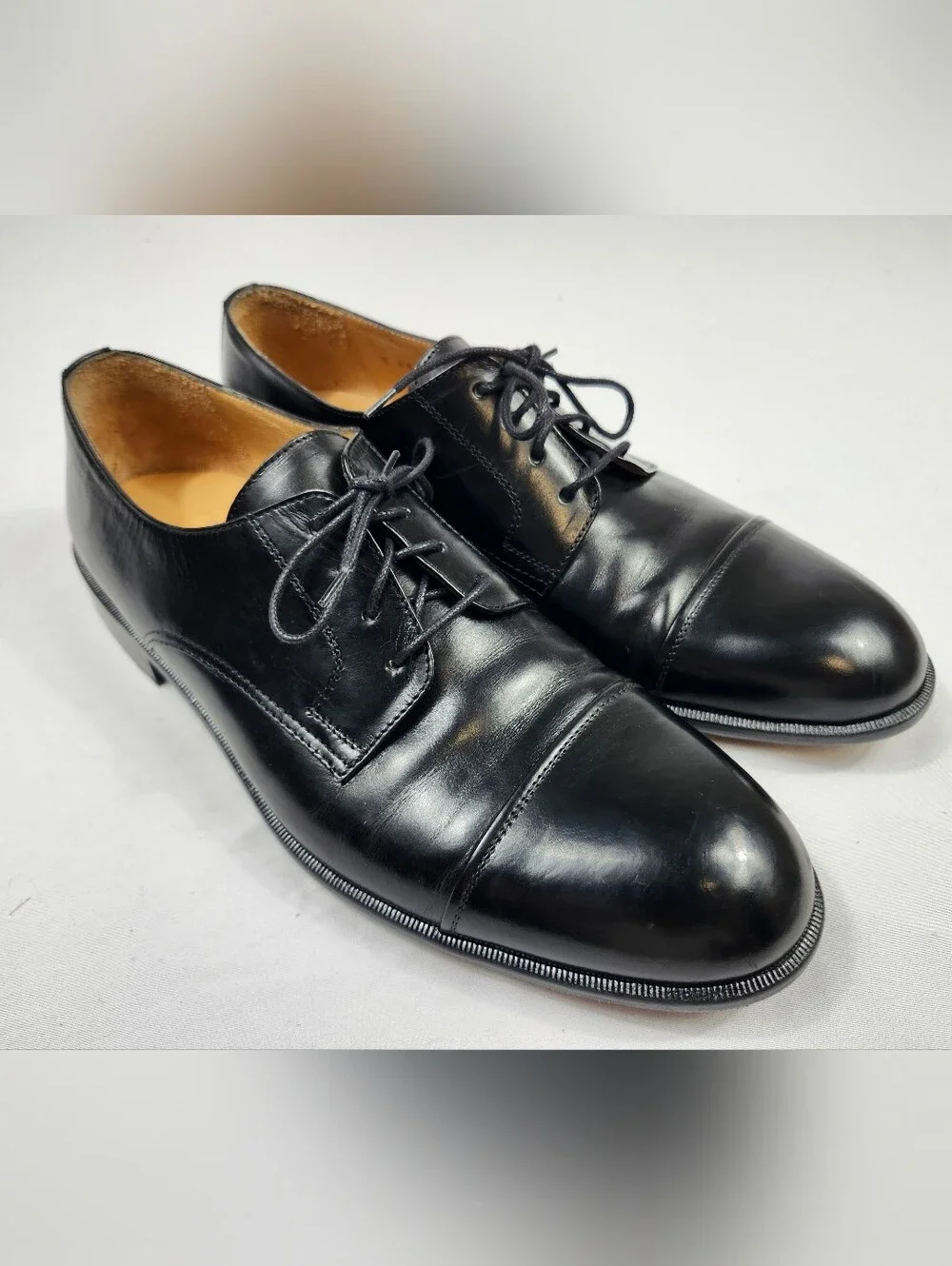 Johnston & Murphy Mens 9.5 M Black Leather Cap-Toe Derby Italian Shoes